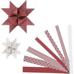 Strisce di carta per stelle, L: 44+78 cm, L: 15+25 mm, diam 6,5+11,5 cm, rosso, bianco, 60 strisce/ 1 conf.