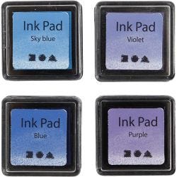 Tampone inchiostrato, H: 2 cm, misura 3,5x3,5 cm, blu, celeste, viola, violetto, 4 pz/ 1 conf.