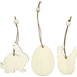 Decorazione in legno, coniglio, uovo, gallina, misura 6 cm, spess. 3 mm, 9 pz/ 1 conf.