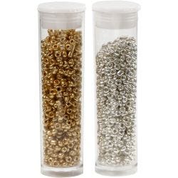 Perline Rocaille, diam 1,7 mm, misura 15/0, misura buco 0,5-0,8 mm, oro, argento, 2x7 g/ 1 conf.