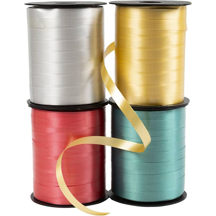 Nastro arricciabile - assortimento, L: 10 mm, brillante, oro, verde, rosso, argento, 4x250 m/ 1 conf.