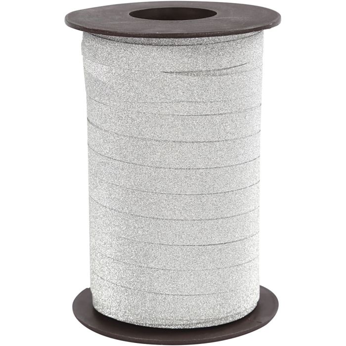 Nastro arricciabile, L: 10 mm, glitter, argento, 100 m/ 1 conf.