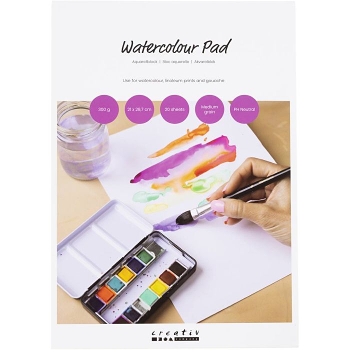 Blocco per acquerello, A4, foglio 210x297 mm, Pressato a freddo,Grana media, 300 g, bianco, 20 fgl./ 1 pz