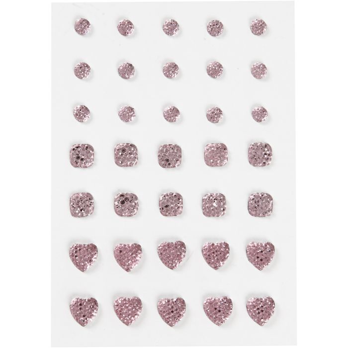 Brillantini, cerchio, quadrato, cuore, misura 6+8+10 mm, rosato, 35 pz/ 1 conf.