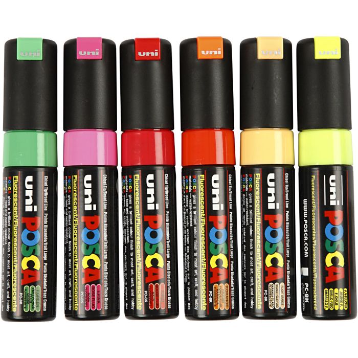 Marcatore Posca, dim. PC-8K, ampiezza tratto 8 mm, broad, semi opaco, colori asst., 6 pz/ 1 conf.