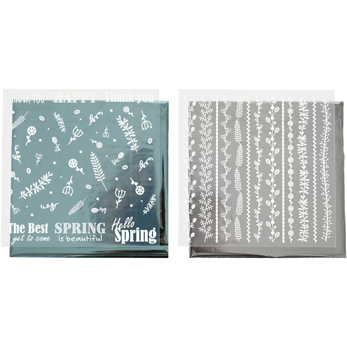 Deco Foil e fogli trasferibili, Fiori di primavera, foglio 15x15 cm, argento, turchese, 2x2 fgl./ 1 conf.
