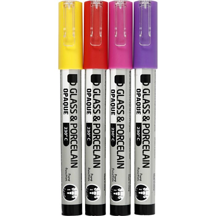 Penna per vetro e porcellana, ampiezza tratto 1-2 mm, semi opaco, arancio, viola, rosso chiaro, giallo, 4 pz/ 1 conf.