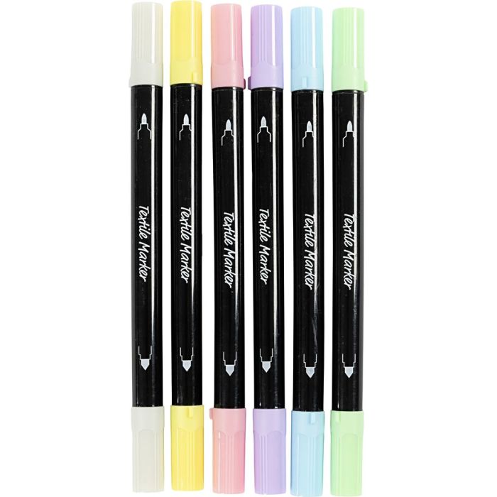 Pennarelli per tessuti, ampiezza tratto 2,3+3,6 mm, colori pastello, 6 pz/ 1 conf.