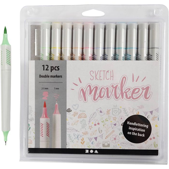 Pennarelli da disegno, ampiezza tratto 1+2-5 mm, colori pastello, 12 pz/ 1 conf.