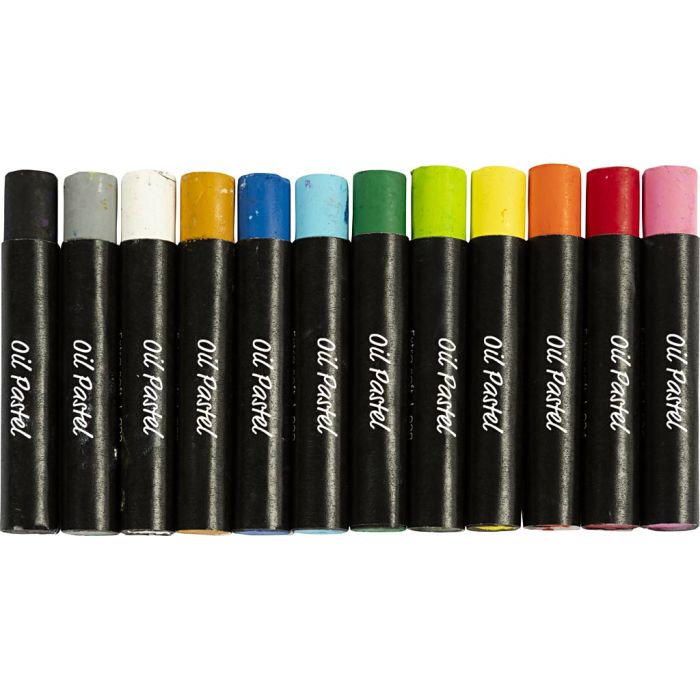 Pastelli a olio, L: 7 cm, spess. 11 mm, colori standard, 12 pz/ 1 conf.