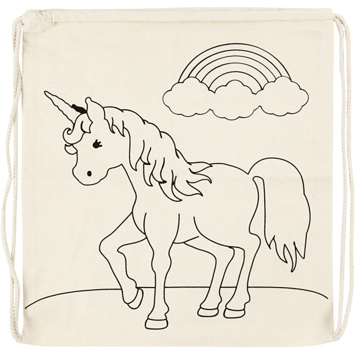 Borsa con chiusura a cordoncino, unicorni, misura 37x41 cm, 110 g, natural chiaro, 1 pz
