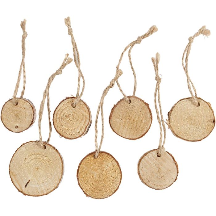 Fette di legno con foro, diam 35-45 mm, spess. 7 mm, 7 pz/ 1 conf.