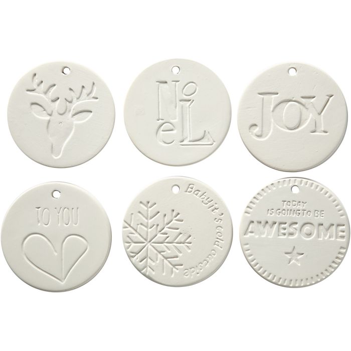 Decorazioni pendenti, misura 7x7 cm, spess. 0,6 cm, bianco, 6 pz/ 1 conf.