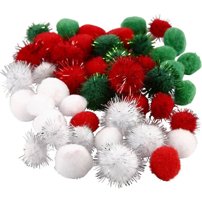 Pompon, diam 15+20 mm, verde, rosso, bianco, 48 pz/ 1 conf.
