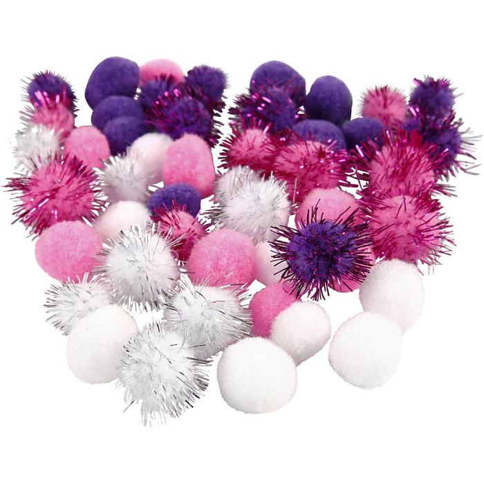 Pompon, diam 15+20 mm, viola, rosso chiaro, bianco, 48 pz/ 1 conf.