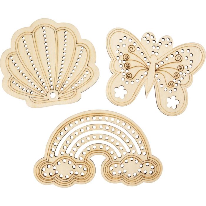 Forma in legno con fori, Arcobaleno, conchiglia, farfalla, misura 7,5-13 cm, 24 pz/ 1 conf.
