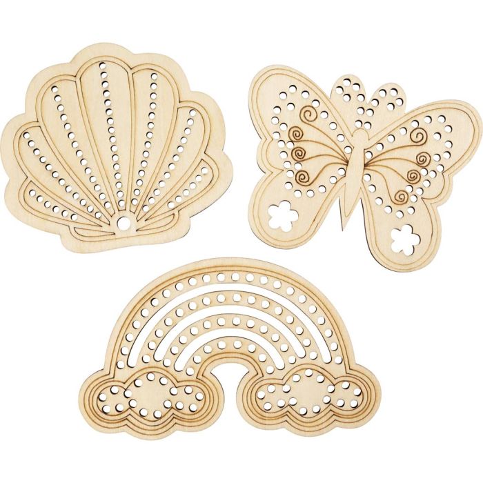 Forma in legno con fori, Arcobaleno, conchiglia, farfalla, misura 7,5-13 cm, 6 pz/ 1 conf.
