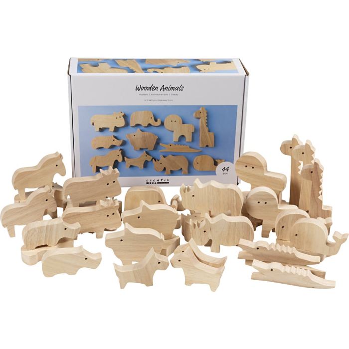Animali in legno, Fattoria e safari, H: 3-14,5 cm, spess. 2 cm, 44 pz/ 1 conf.