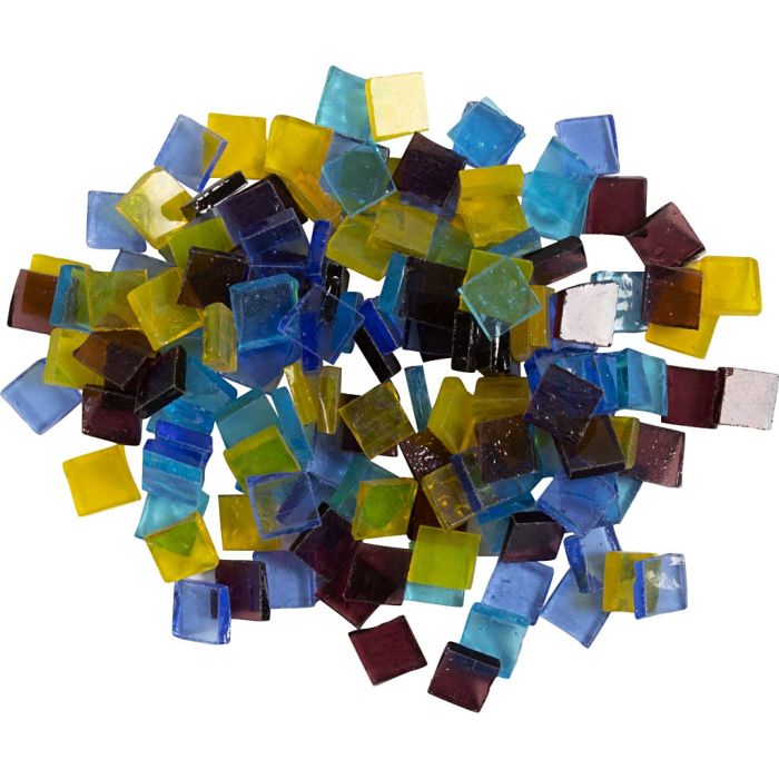Tessere in vetro per mosaico, misura 10x10 mm, spess. 3 mm, transparent, blu, azzurro, viola, giallo, 454 g/ 1 conf.