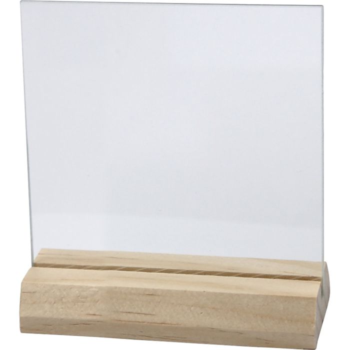 Piatto di vetro con supporto in legno, misura 7,5x7,5 cm, spess. 28 mm, 10 set/ 1 conf.