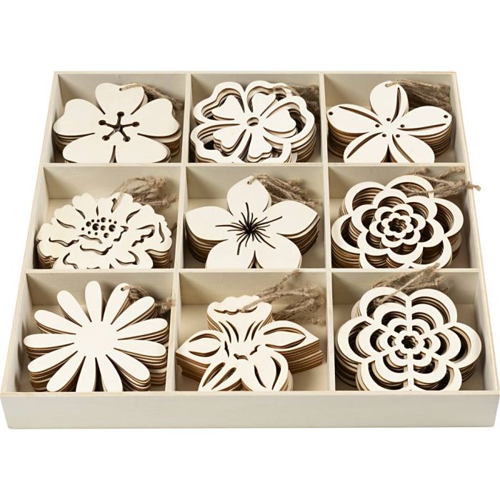 Ornamento in legno, diam 100 mm, spess. 3 mm, fiori, 90 pz/ 1 conf.