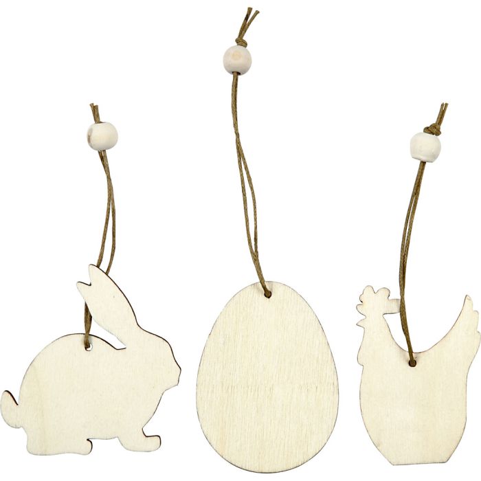 Decorazione in legno, coniglio, uovo, gallina, misura 6 cm, spess. 3 mm, 9 pz/ 1 conf.