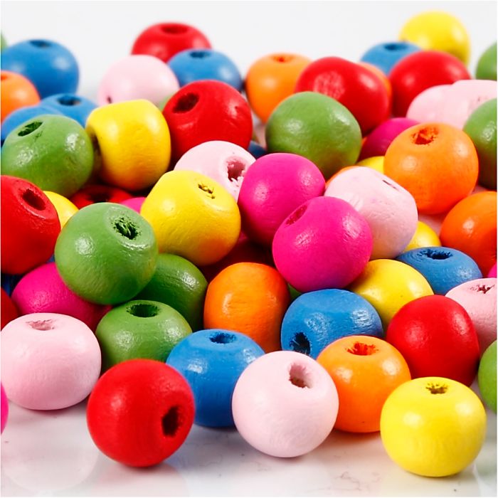 Perline in legno, diam 8 mm, misura buco 1,5-2 mm, ca. 90 asst., colori asst., 16 g/ 1 conf.