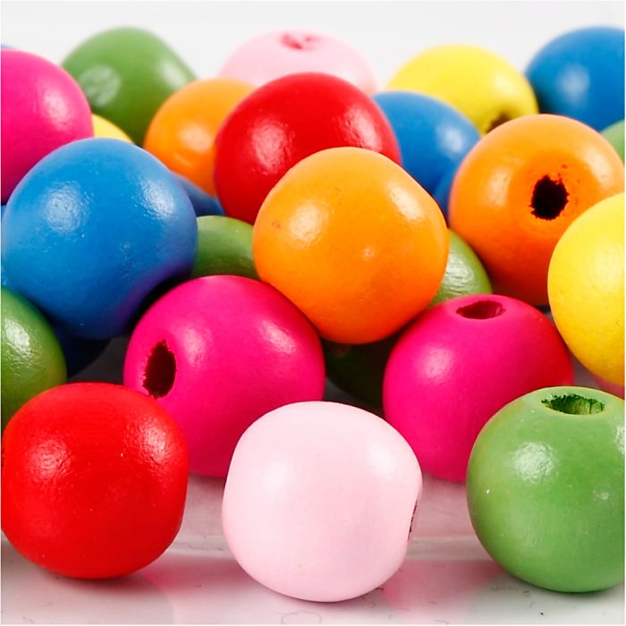 Perline in legno, diam 12 mm, misura buco 2,5-3 mm, ca. 40 asst., colori asst., 22 g/ 1 conf.