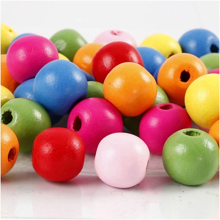 Perline in legno, diam 12 mm, misura buco 2,5-3 mm, ca. 800 pz, colori asst., 500 g/ 1 sacco