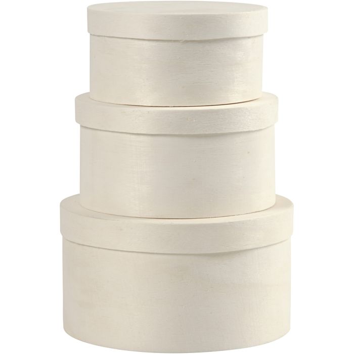 Scatola rotonda in sfoglia di legno, H: 5,4+6,5+7,3 cm, diam 10+11+13 cm, 3 pz/ 1 set