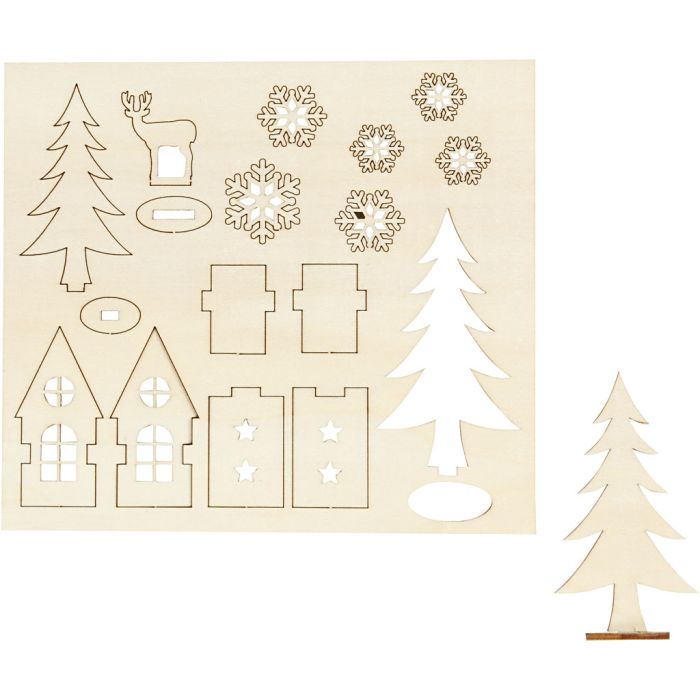 Sagome autoassemblanti, casa, albero, capriolo, L: 15,5 cm, L: 17 cm, spess. 3 mm, 1 conf.