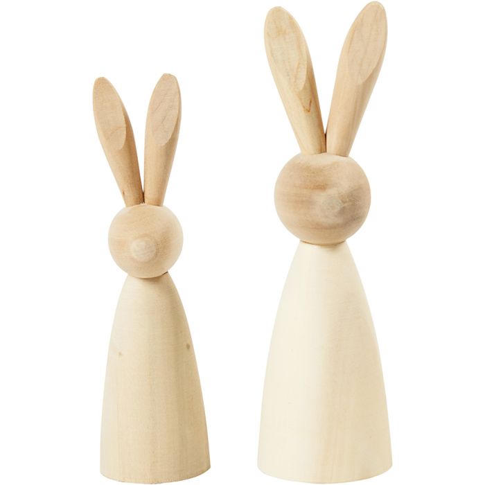 Conigli in legno, H: 12+14 cm, P: 3,5+4 cm, 2 pz/ 1 conf.