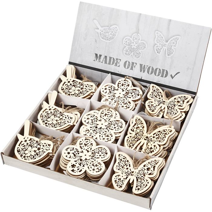 Ornamento in legno, farfalla, fiore e uccellino, H: 10 cm, L: 10 cm, 90 pz/ 1 conf.