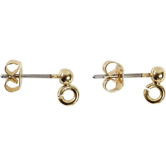 Orecchini a bottone, L: 13 mm, diam 3,8 mm, misura buco 0,8 mm, placcato oro, 10 pz/ 1 conf.