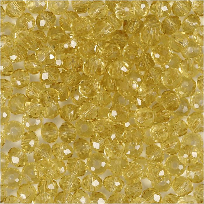 Perline Sfaccettate, diam 4 mm, misura buco 1 mm, giallo, 45 pz/ 1 conf.