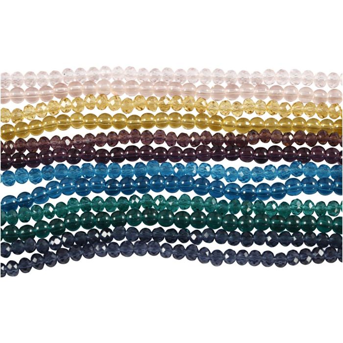 Perle di vetro e sfaccettate, diam 4 mm, misura buco 1 mm, 12x45 pz/ 1 conf.