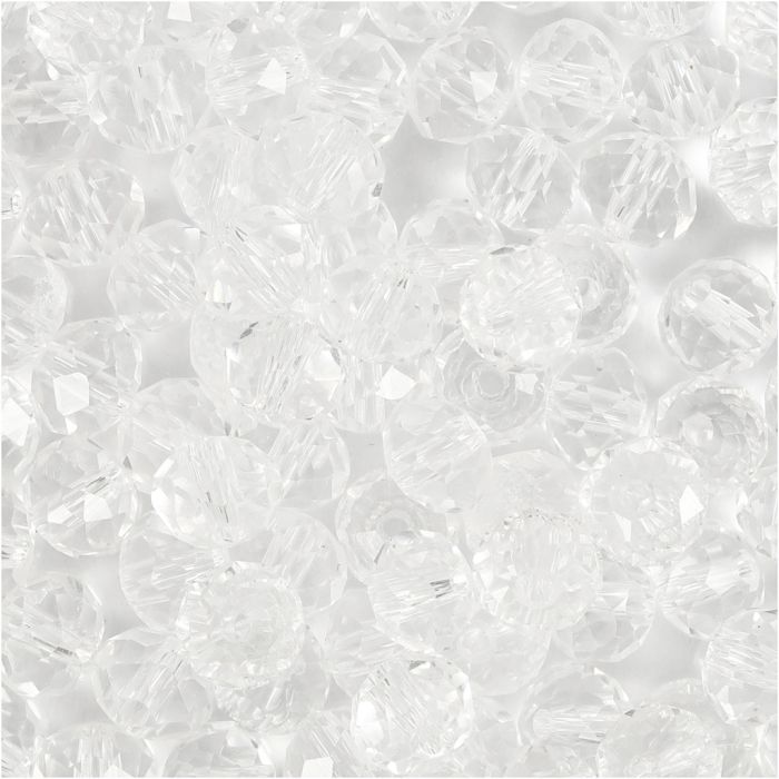 Perline Sfaccettate, misura 5x6 mm, misura buco 1 mm, cristallo, 100 pz/ 1 conf.