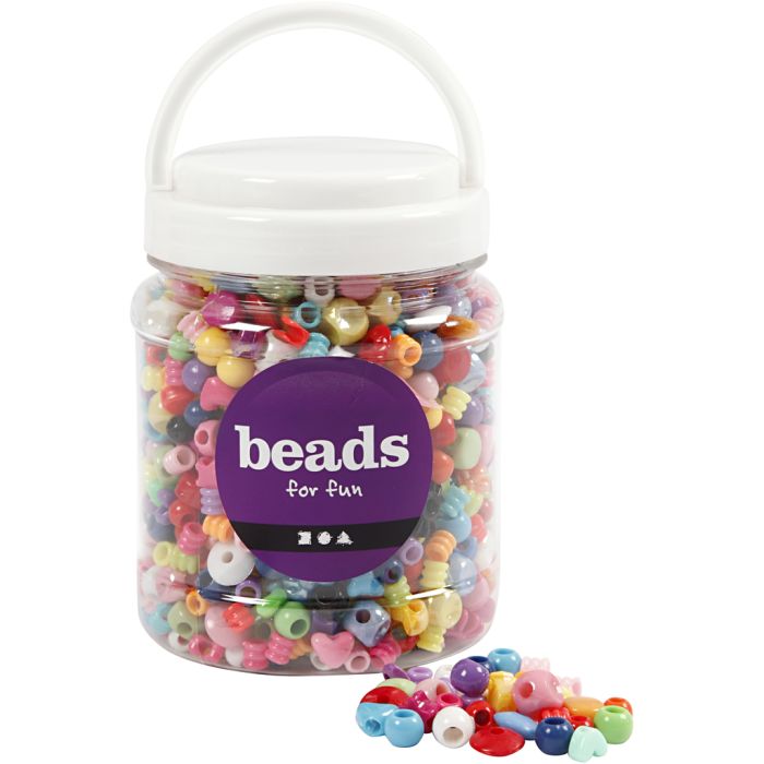 Perline in Plastica, misura 6-20 mm, misura buco 1,5-6 mm, ca. 1175 pz, 390 g, 700 ml/ 1 vasch.