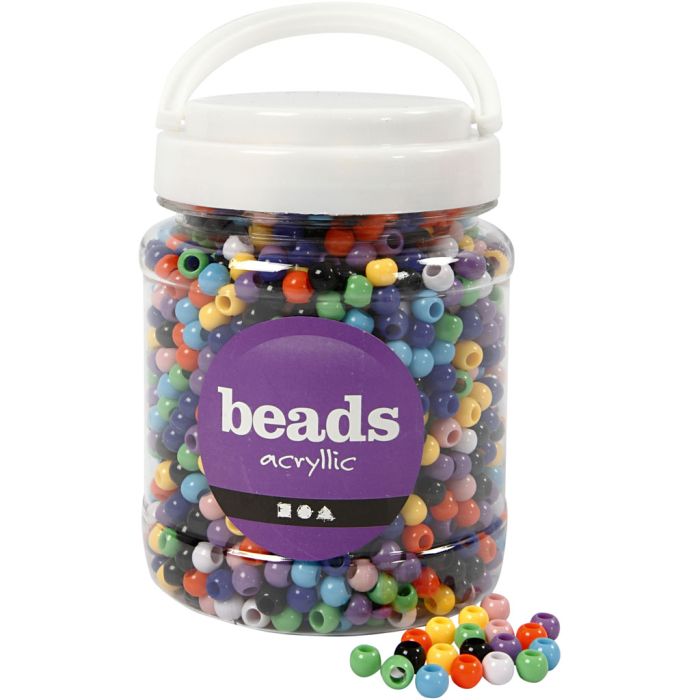Perline pony, diam 8 mm, misura buco 4 mm, ca. 2280 pz, colori asst., 415 g, 700 ml/ 1 vasch.