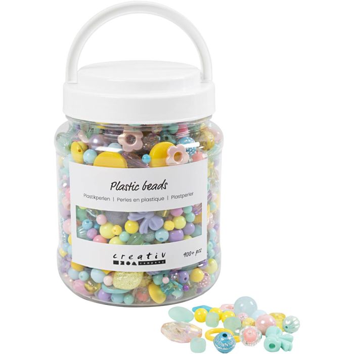 Perline di plastica , diam 5-35 mm, misura buco 1-8 mm, ca. 900 pz, colori asst., 700 ml/ 1 vasch.