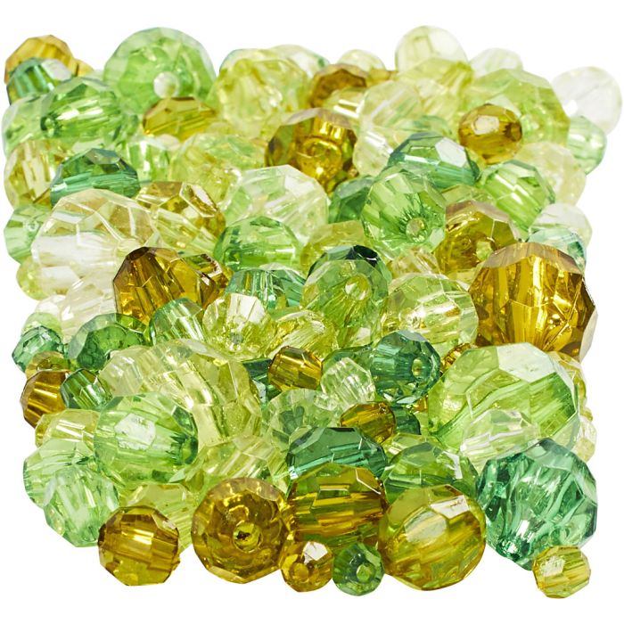 Perline sfaccettate, misura 4-12 mm, misura buco 1-2,5 mm, ca. 860 pz, verde glitter, 250 g/ 1 conf.