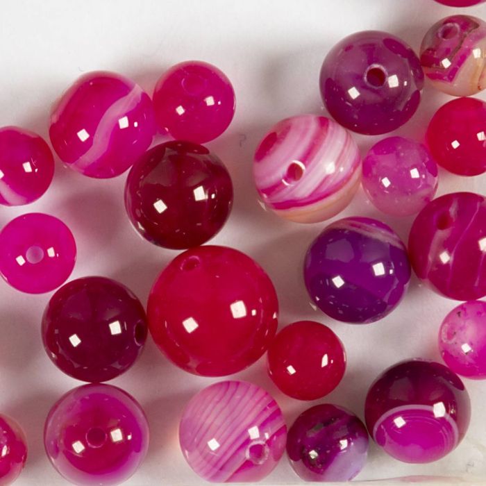 Perline di agata, diam 6+8+10 mm, misura buco 0,9-1 mm, rosa, 28 pz/ 1 conf.