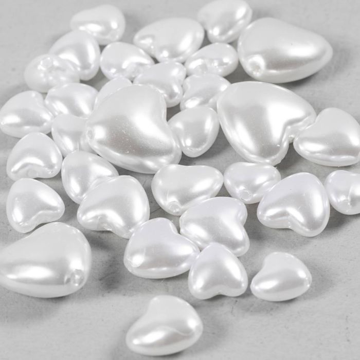 Perline di Cera, Cuori, diam 7-13 mm, misura buco 1,3-1,5 mm, madreperla, 32 pz/ 1 conf.
