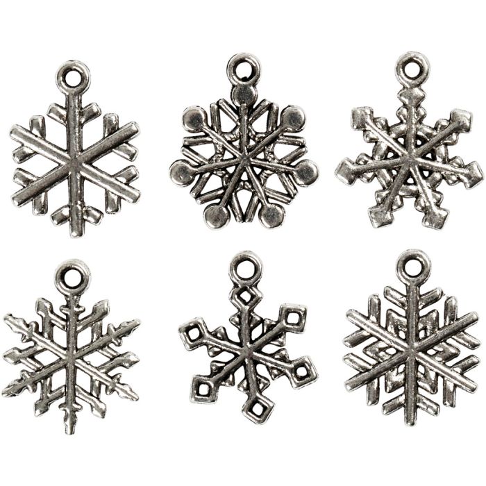Fiocco di neve, H: 20 mm, misura buco 1,5 mm, argento antico, 18 asst./ 1 conf.