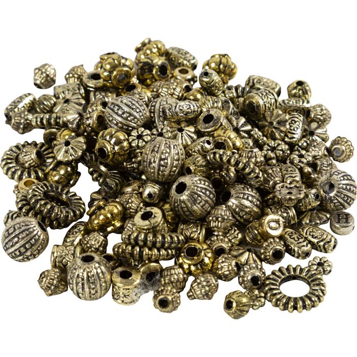 Mix perline in plastica, diam 3-20 mm, misura buco 1,5-3 mm, diversi motivi, colori metallici, 50 g/ 1 conf.