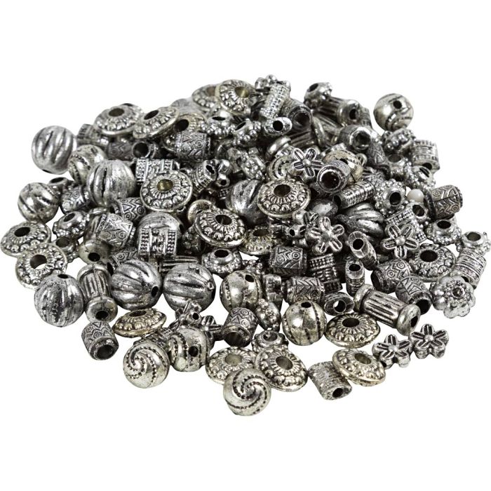 Mix perline in plastica, diam 3-20 mm, misura buco 1,5-3 mm, argento, 50 g/ 1 conf.