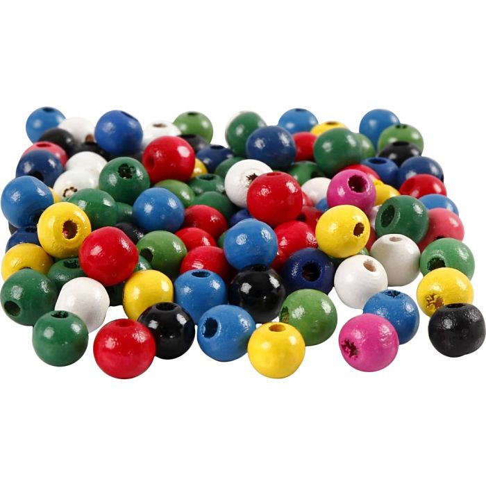 Perline in Legno, diam 8, misura buco 2 mm, colori asst., 200 pz/ 1 conf.