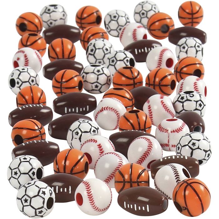 Perle sport, misura 11-15 mm, misura buco 3-4 mm, ca. 55 pz, colori asst., 45 g/ 1 conf.