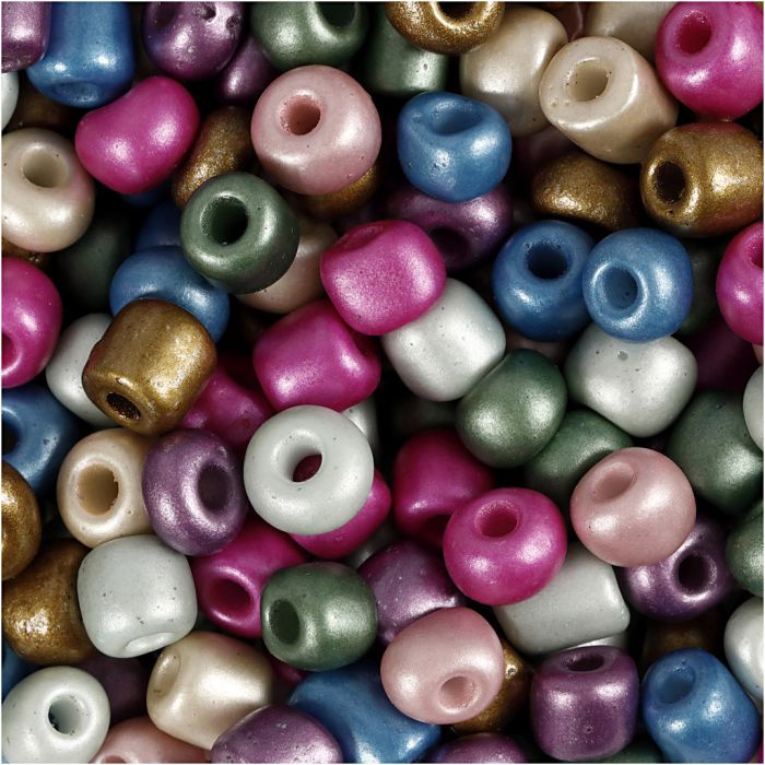 Perline rocaille, diam 5 mm, misura 4/0, misura buco 1,2 mm, ca. 500 pz, colori metallici, 130 g/ 1 conf.
