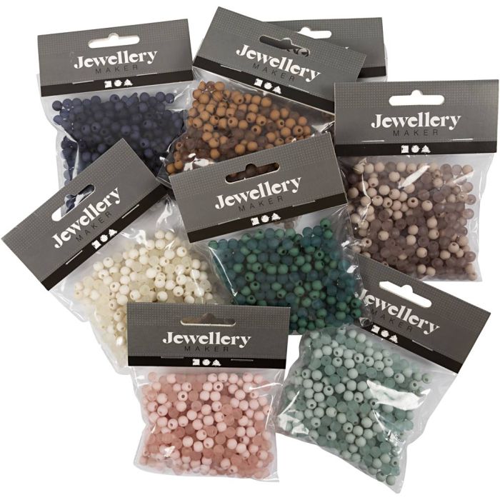 Perle in plastica, diam 6 mm, misura buco 1,5 mm, il contenuto può variare , ca. 10x150 pz, colori asst., 8x40 g/ 1 conf.